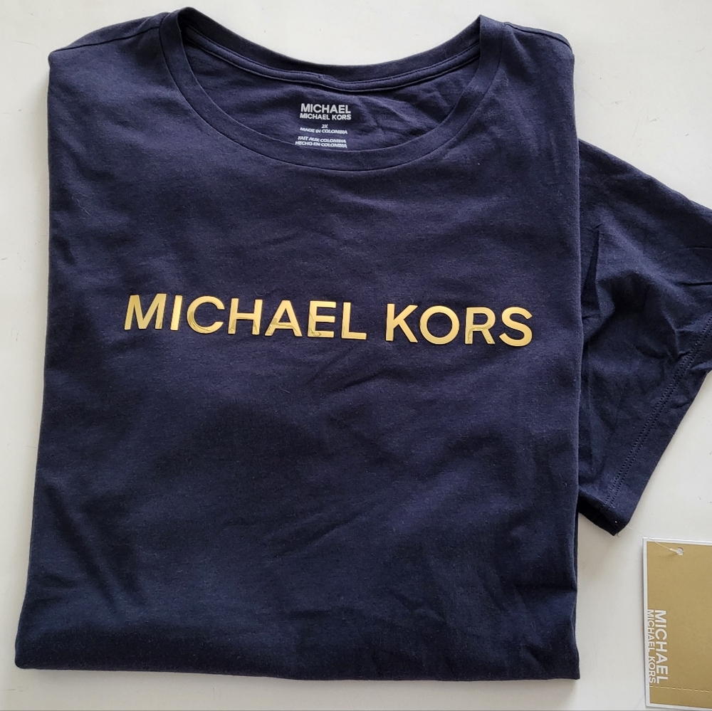 Michael Kors womens short sleeve t-shirt foil MK logo plus size 2X Navy